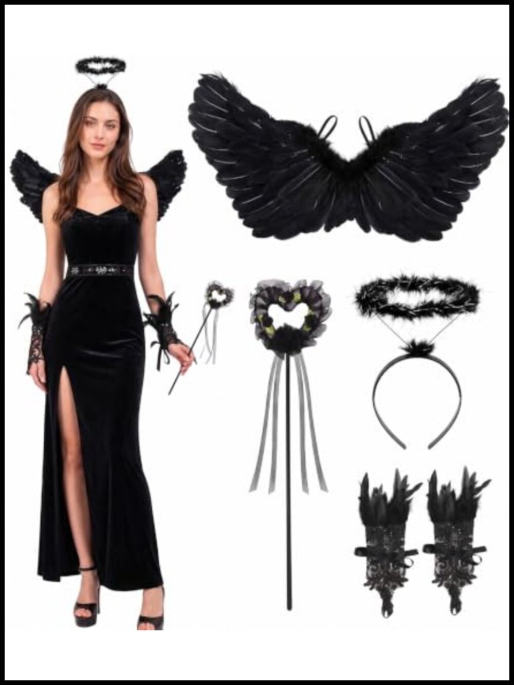 5 Piece Angel Wings Costume Set with Halo Wand Gloves for Halloween Cosplay